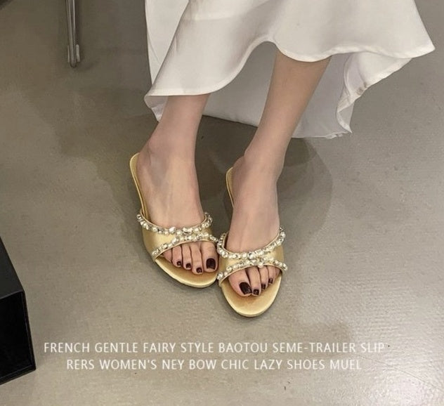 Women's Elegant Low Heel Sandals With Rhinestone & Pearl Bow, Round Toe, Simple Satin, Perfect For Dresses