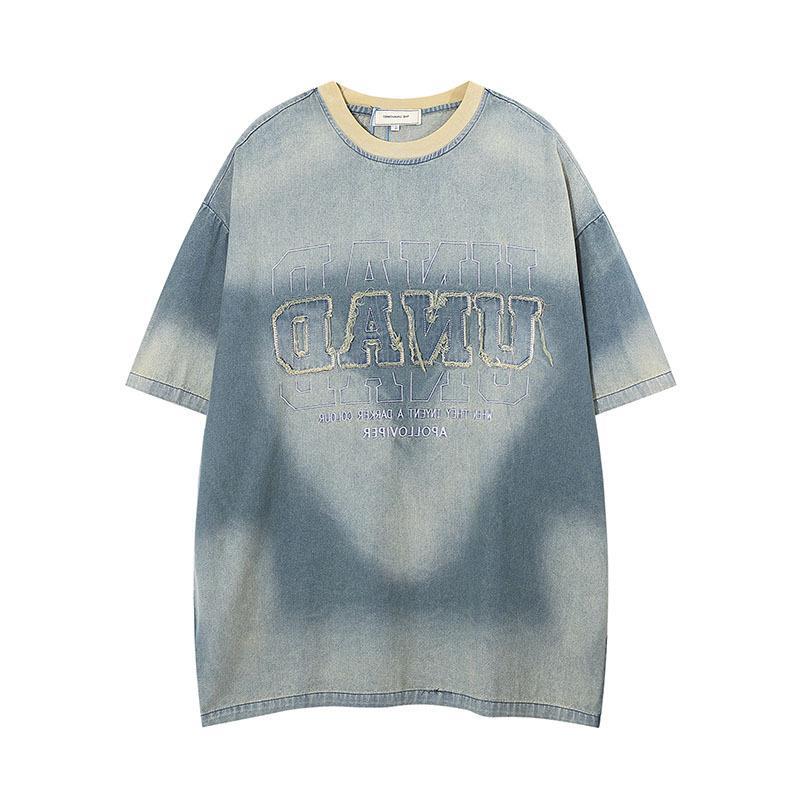 TKPA Original American Retro Street Letter Embroidery Denim Short Sleeve