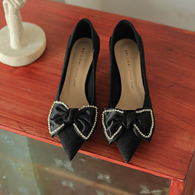 Women's Pointed Toe Chunky Heel Shoes With Rhinestone Bow High Heels