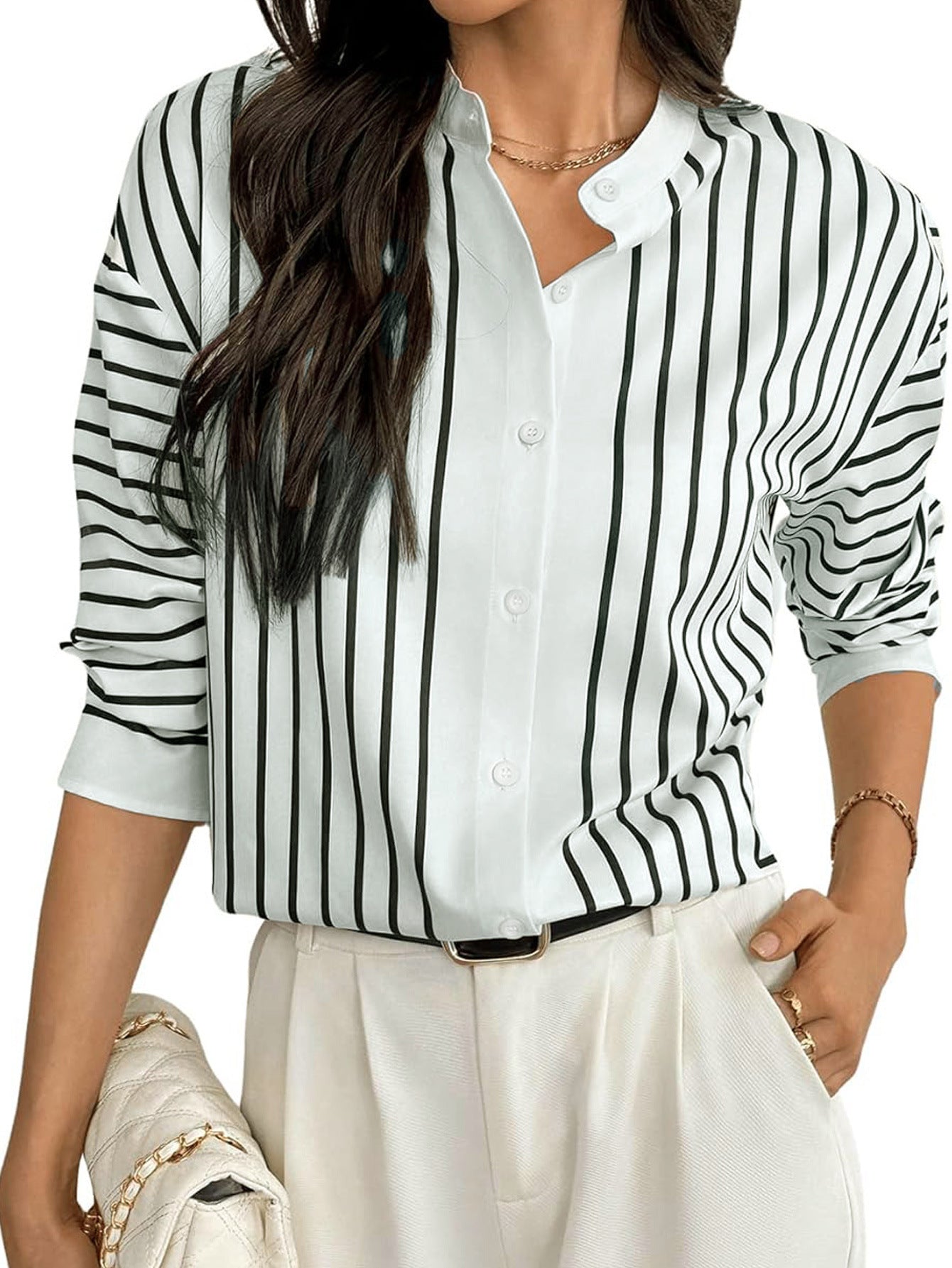 Women's Contrasting-Color Printed Single-Breasted Striped Shirt