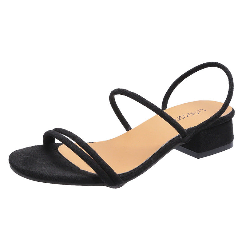 New European And American Simple Suede Thin Strap Open-toe Mid-heel Slippers