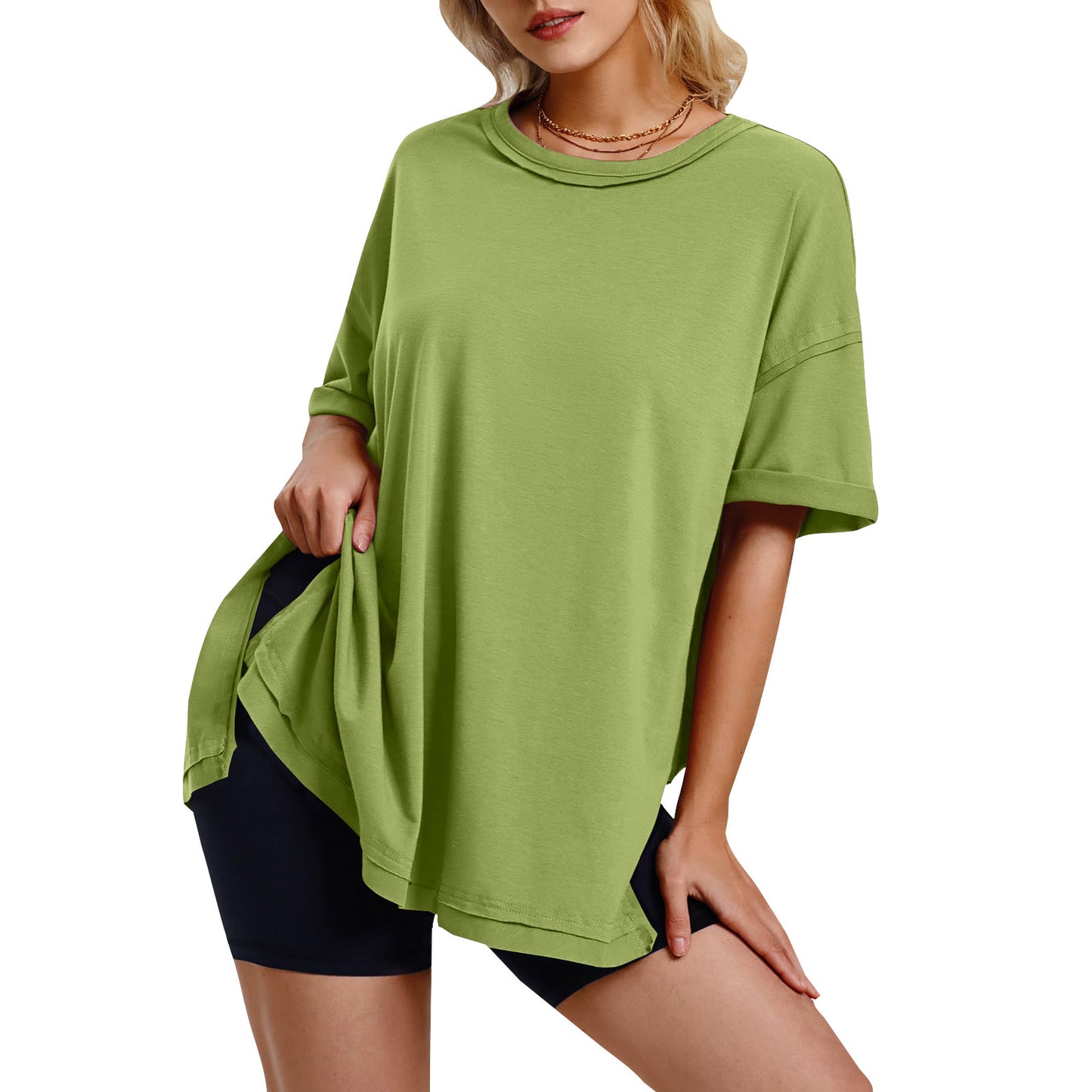 Women's Solid Color Cotton Round Neck Slits On Both Sides Loose T-shirt