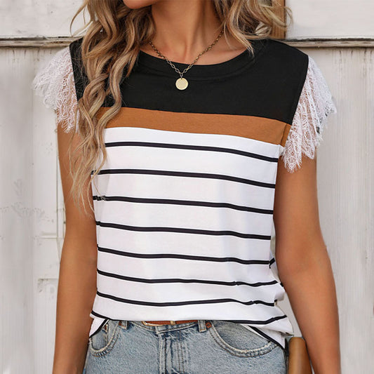 Women's Striped Color Contrast Patchwork T-shirt Lace Stitching Short Sleeve