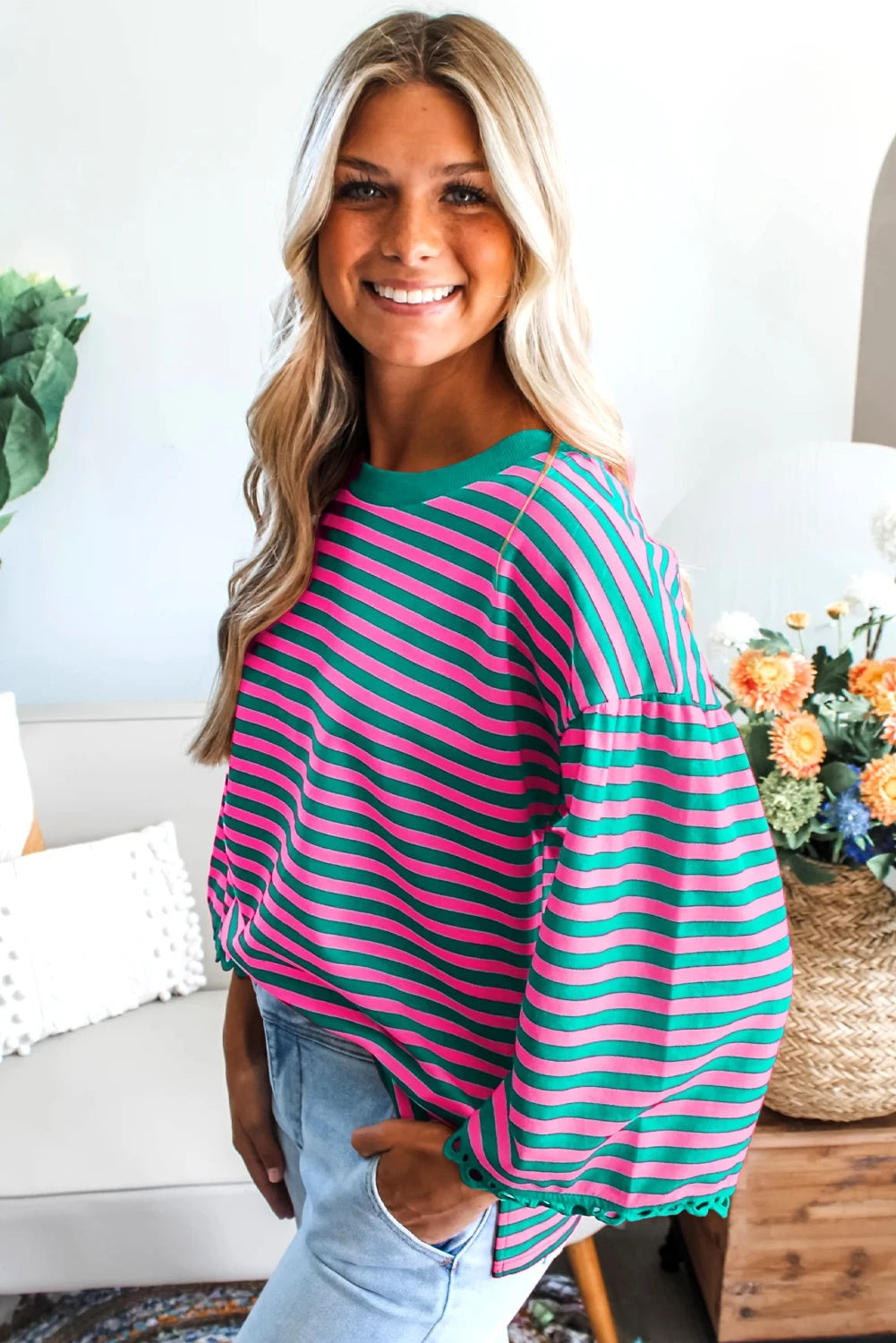 Fashion Striped Crew Neck Long Sleeves Women