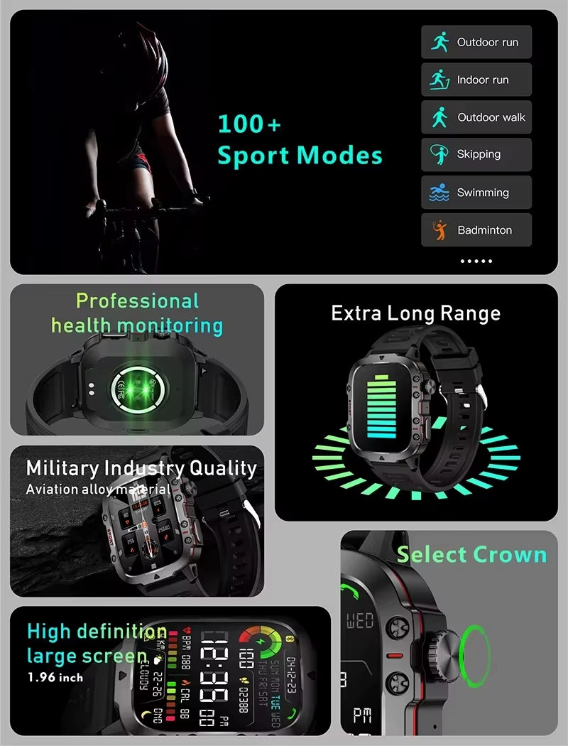 2025 Rugged Military Smart Watch Men'S Outdoor Watch 2.01" HD Touch Screen Voice Bluetooth Call Smartwatch