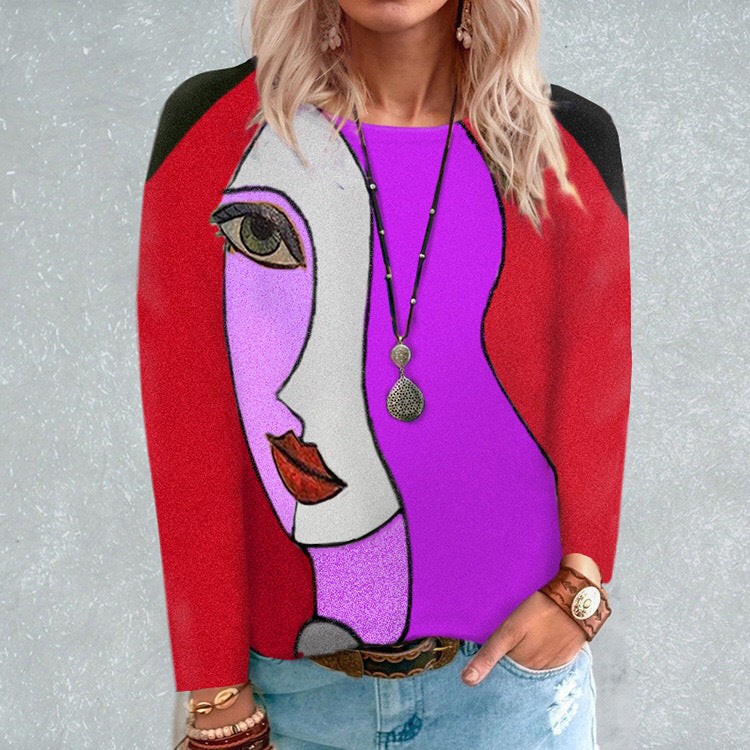 Fashion Loose Round Neck Face Print Long Sleeve Women's T-Shirt