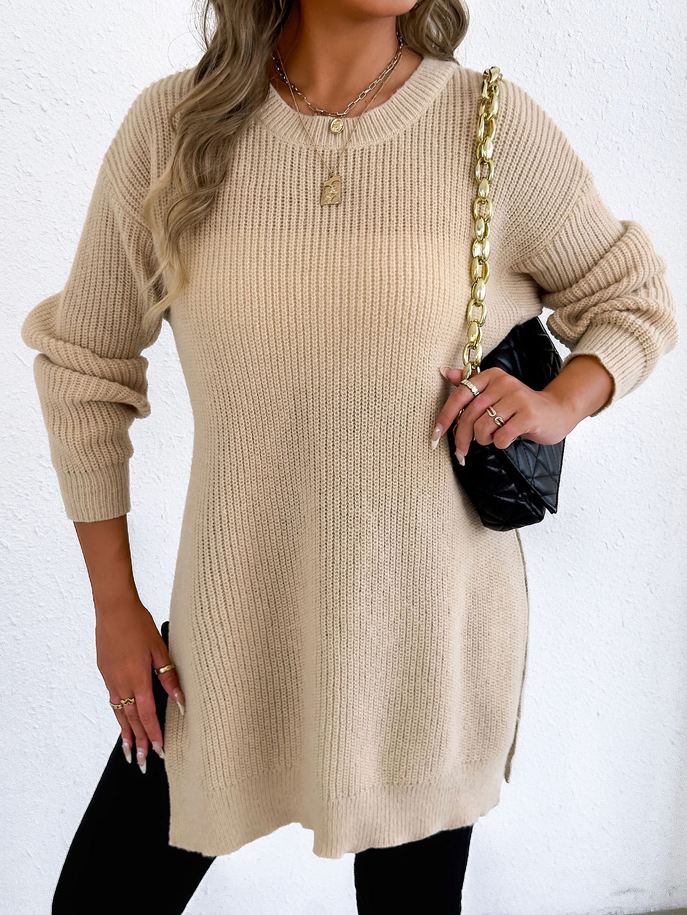 Crew-neck Pullover Slit Design Machine-knit Casual Sweater