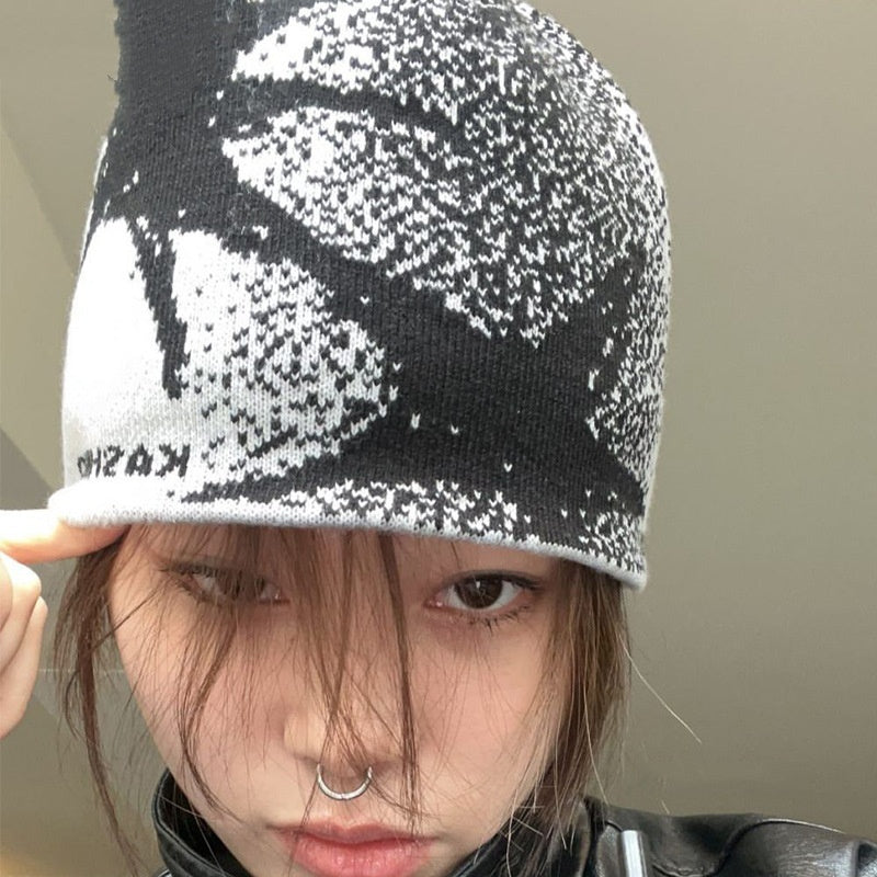 Strikket hue Dame Efterår Og Vinter Vild Ansigt Lille Beanie Hat