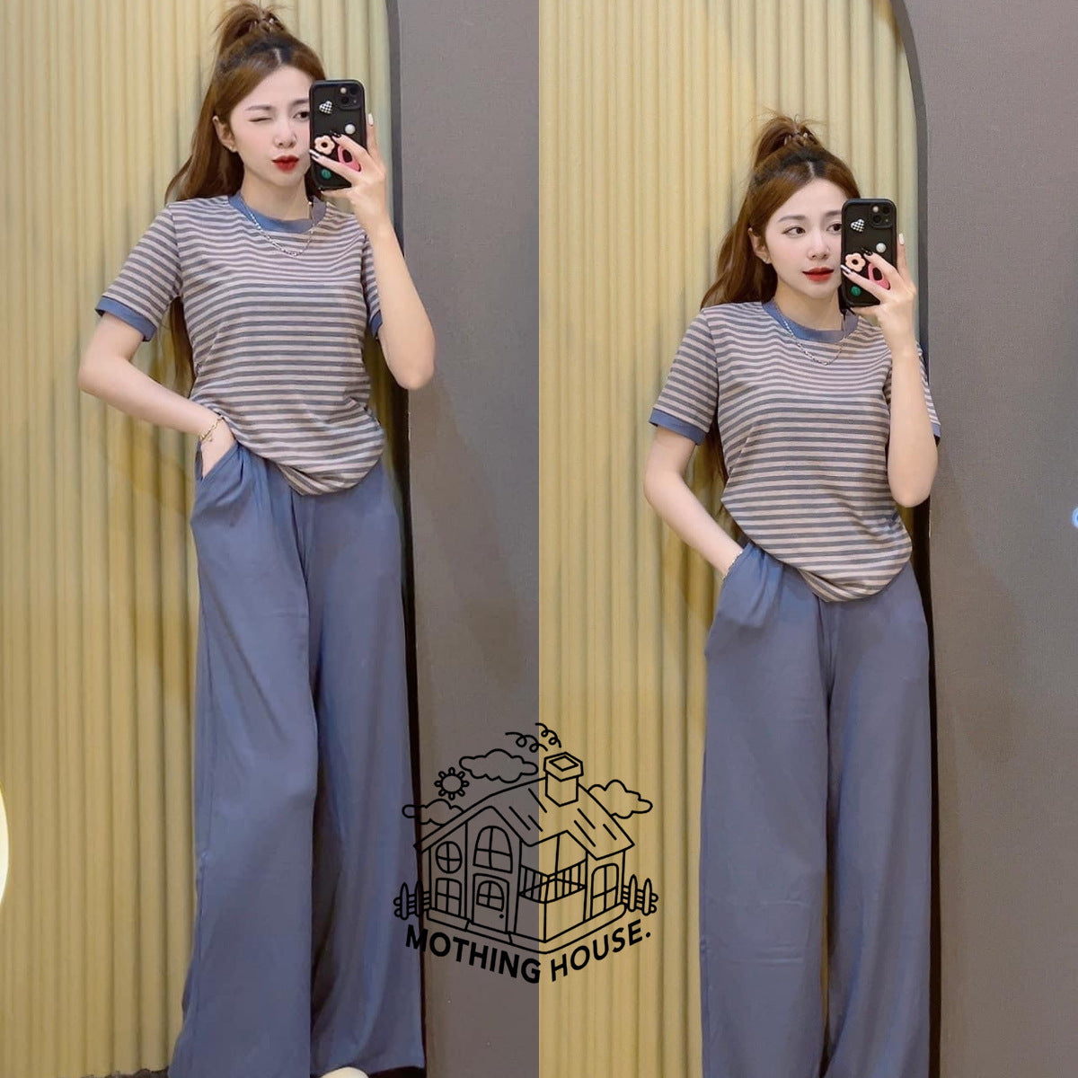 Casual Striped Top With Wide-leg Pants Two-piece Set