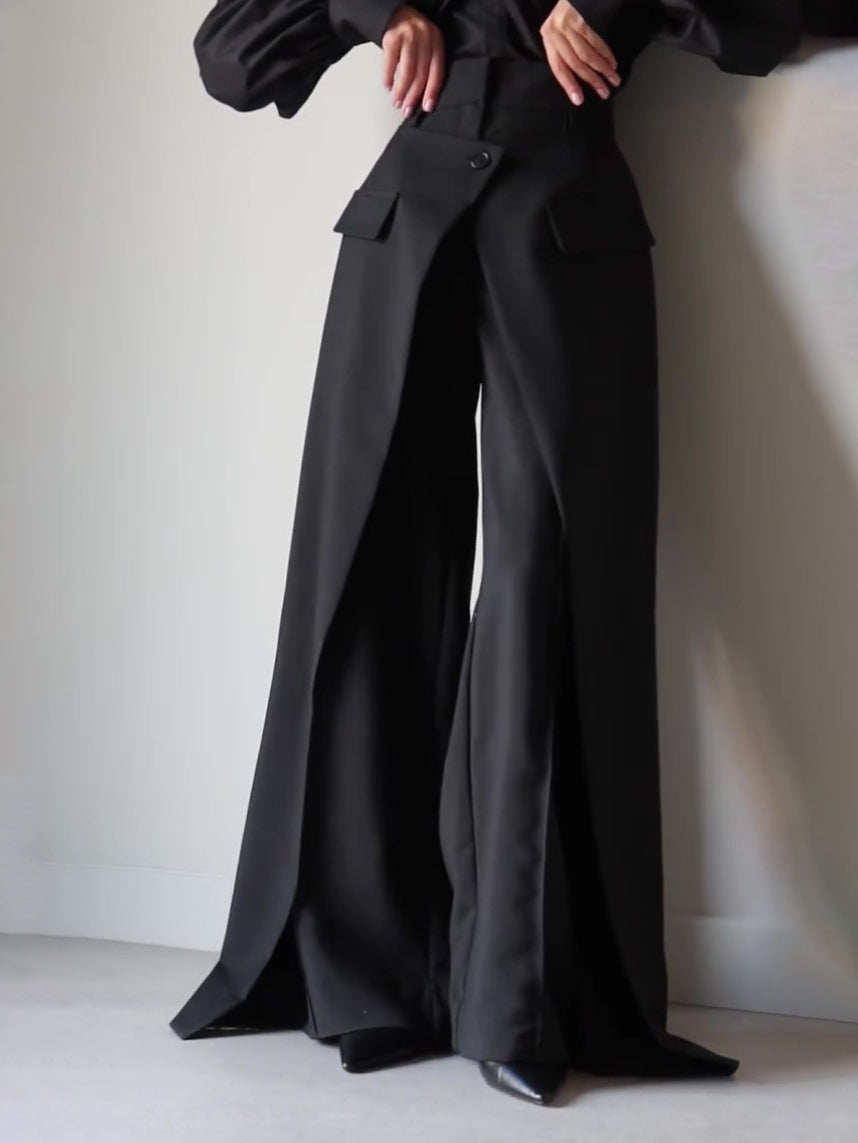 Black High-slit Wide-leg Pants
