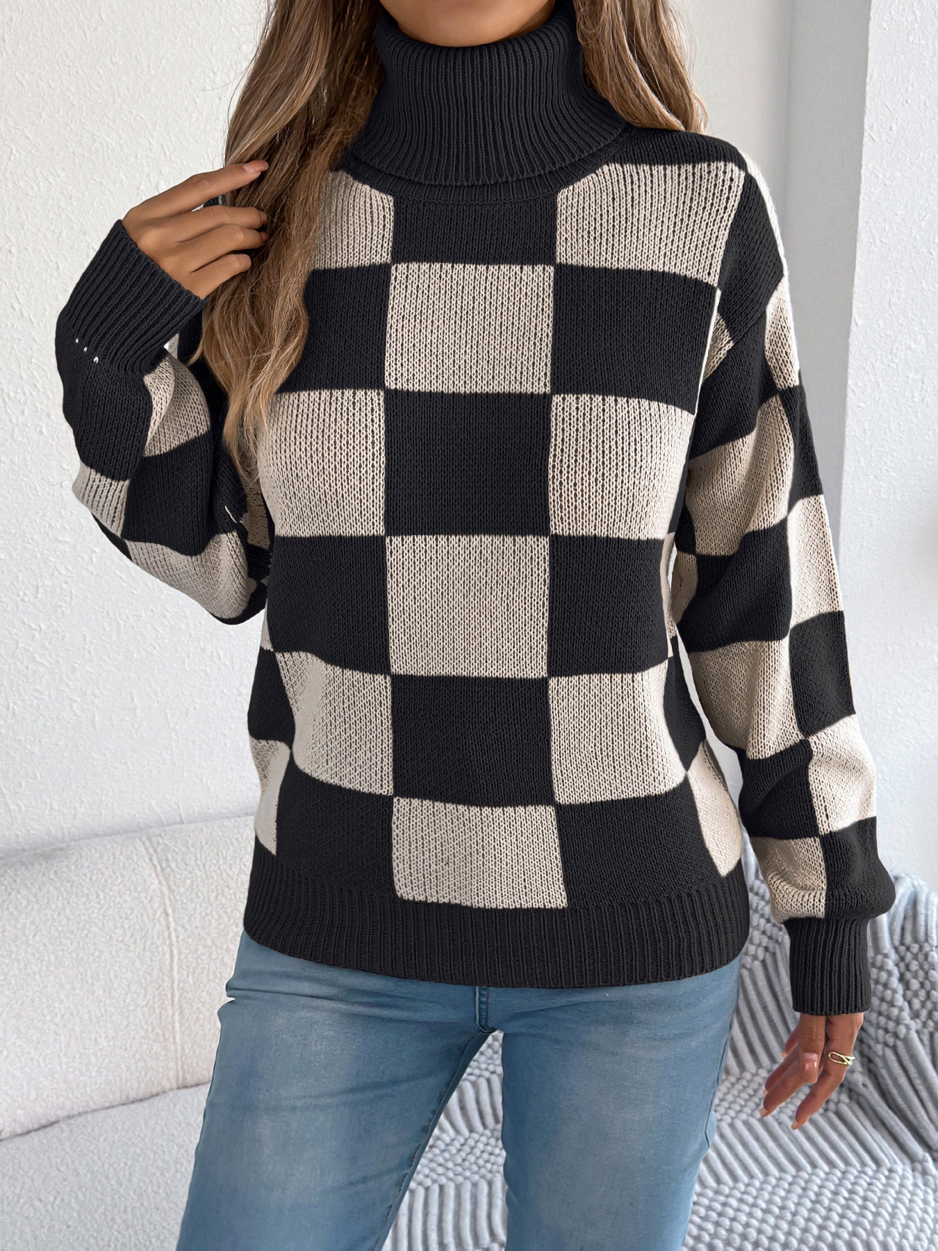Dame Højhalset Farveblokket Ternede Sweater med Lanterneærmer