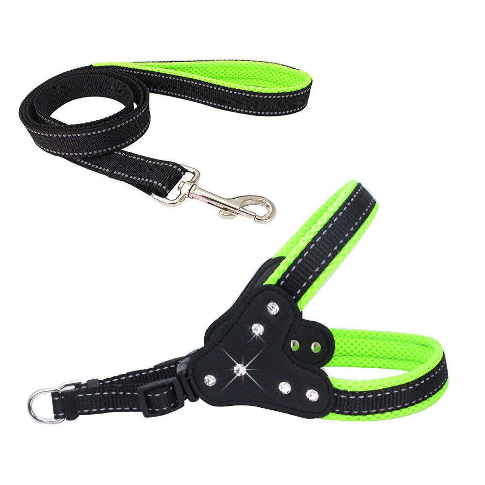Komfortabelt Mesh Stof Skinnende Rhinestone Kæledyrs Håndholdt Reb Reflekterende Hundebrystrem Veststil