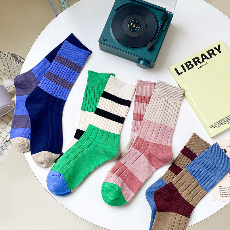 Stripe Contrast Color Tube Socks Color Matching Asymmetric AB Socks