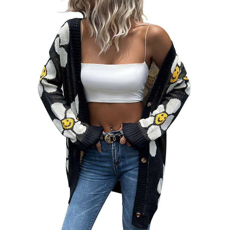Fashion Ladies Flower Long Sleeve Sweater Cardigan