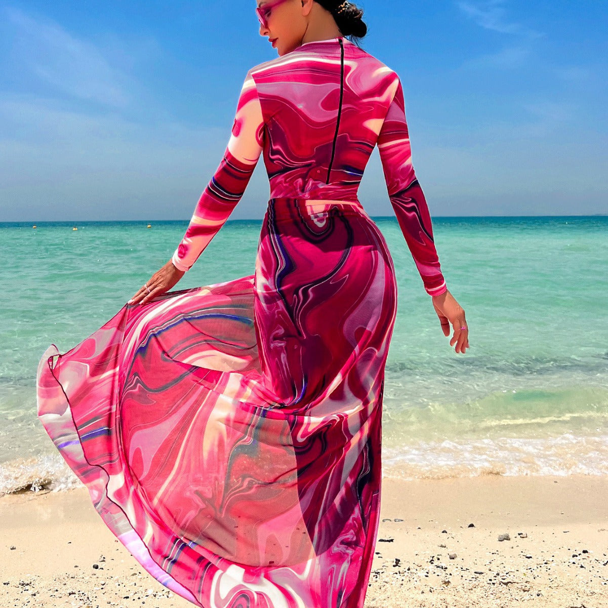 Womens Long-sleeve, Modest, Long-length Printed Vacation Beach Swimsuit