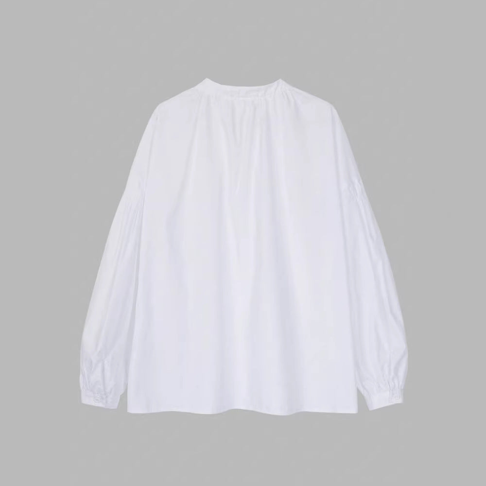 Womens Solid Color Crew Neck Loose Single Breasted Long Sleeve Shirt