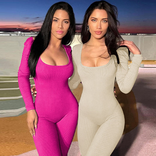 Fashion Backless Lace Up Slim Fit Long Sleeve Jumpsuit