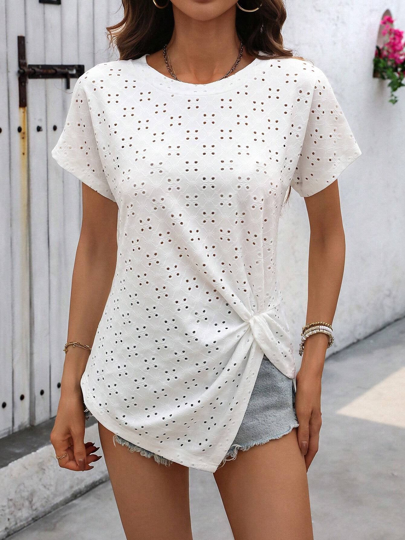 Fashion Casual Kvinder Ensfarvet Frisk Jacquard Plisseret Rundhalset T-shirt