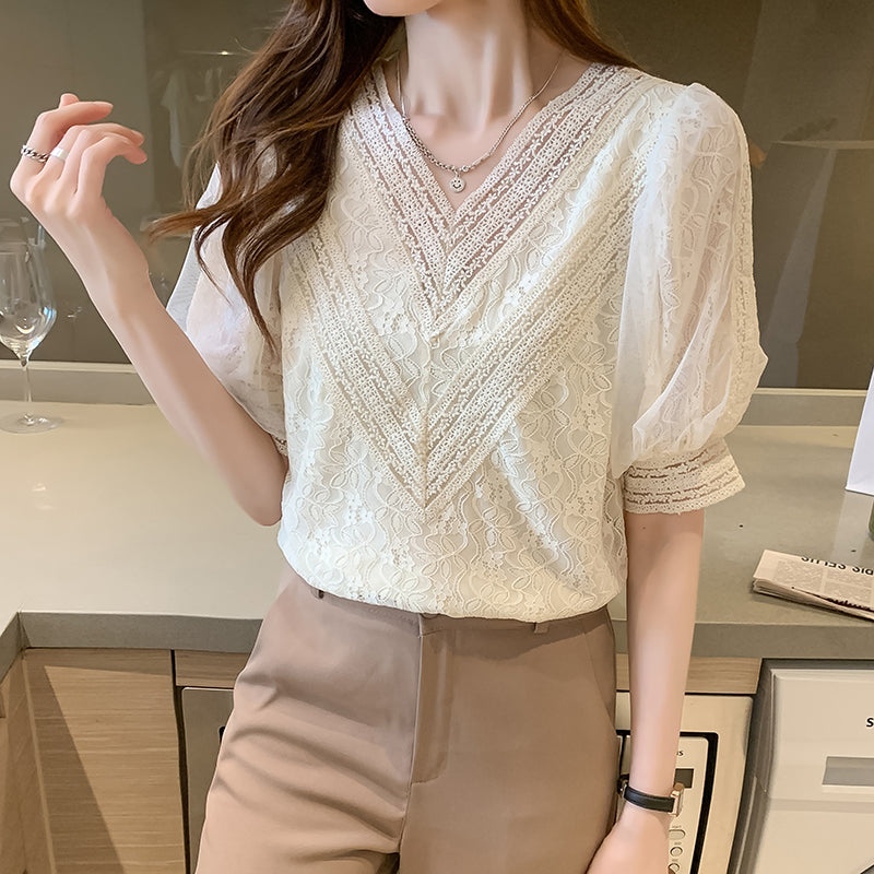 Ladies Style V-Neck Pullover Puff Sleeve T-Shirt
