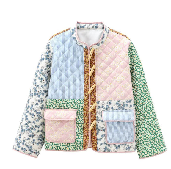 All-matching Printed Stitching Loose Casual Long Sleeves Cotton Coat Jacket