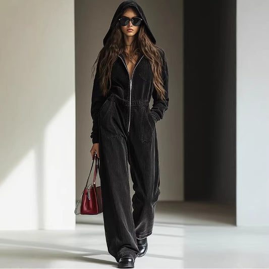 Casual, Relaxed-fit Retro Denim Jumpsuit With An Elastic Waistband Zipper And Hood