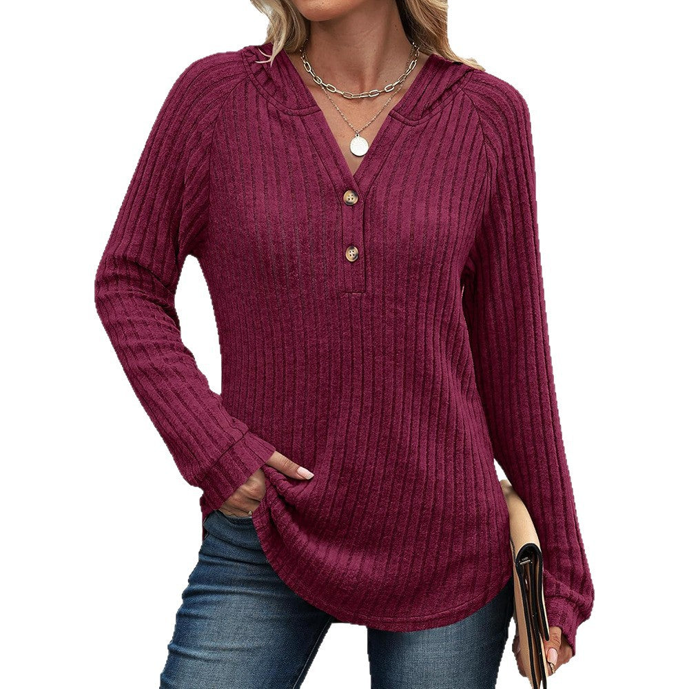 Solid Color And V-neck Button Loose Hooded Fleece Knitted Top