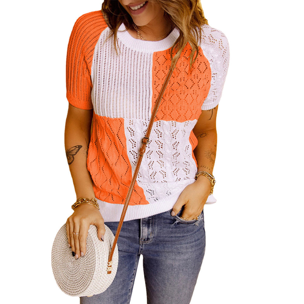 New Fashion European And American Color-blocking Knitted Short-sleeved T-shirt Top Knitted Sweater
