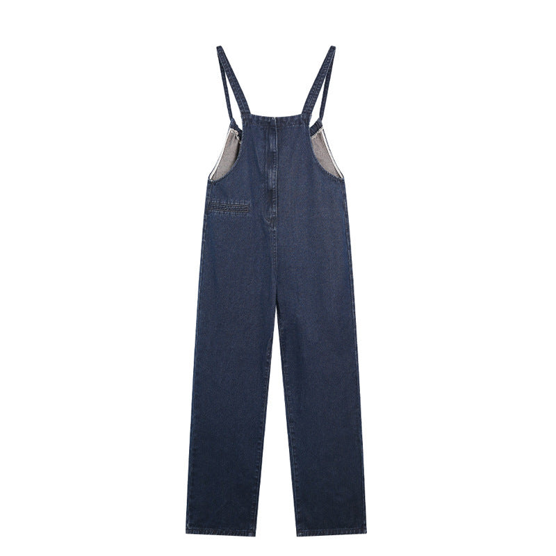 French Denim Suspender Pants Summer Women's Thin Design Loose Wide-leg Straight Pants