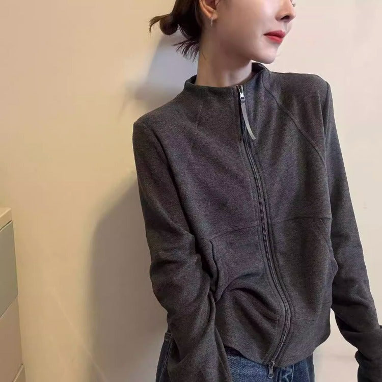 Minimalist-style Women's Hoodie With A Stand-up Collar And Double Zippers