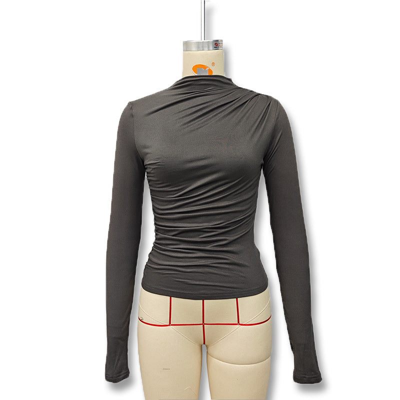 Autumn And Winter Women's Fashion Casual Slim Fit Pleated Turtleneck Long Sleeve Solid Color Top T-shirt