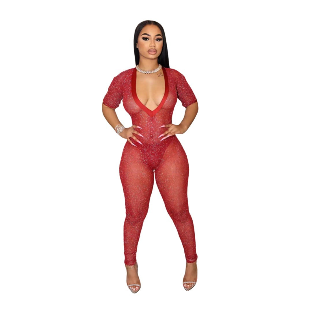 Moderigtig Semi-transparent Jumpsuit med Bred V-hals