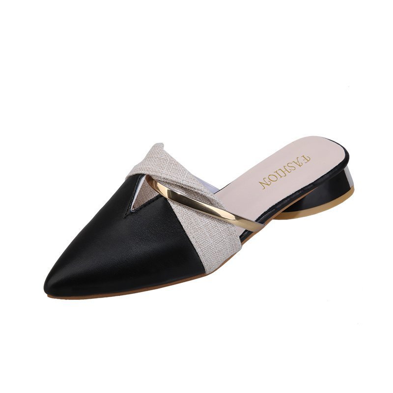 Baotou Half Slippers Pointed Toe Thick Heel Shoes Fairy Style Casual Sandals