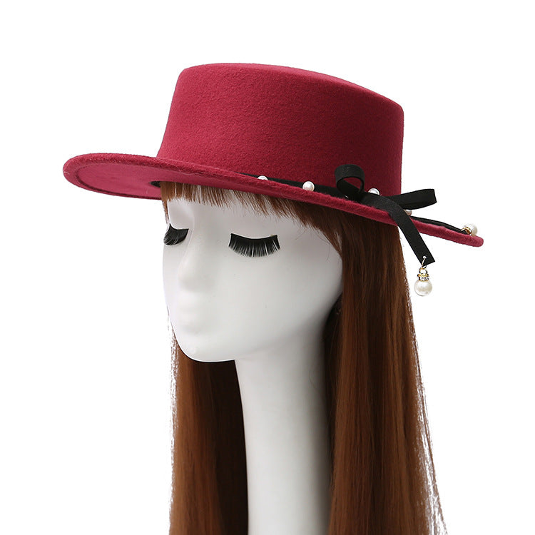 Flat Top Hat Women's Pearl Wool Felt Hat