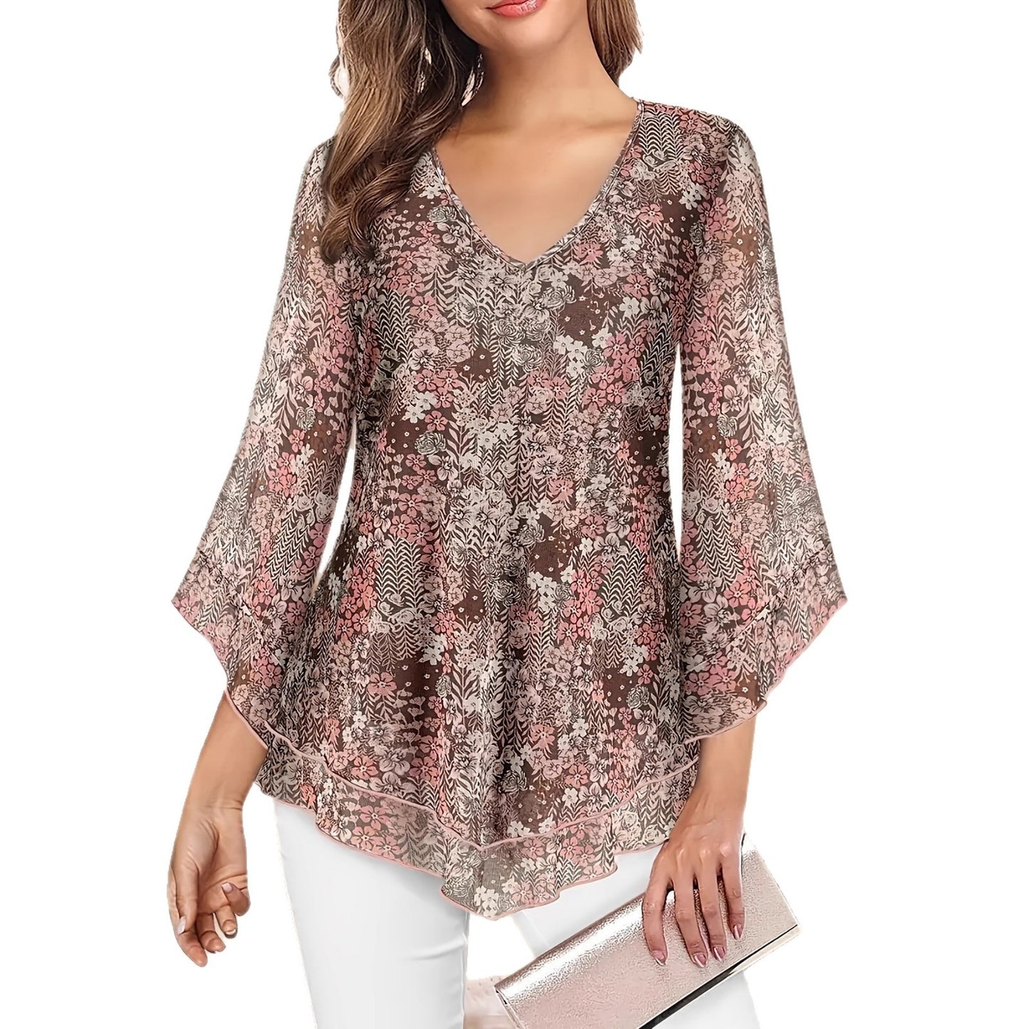 Women's Floral Print V-neck Chiffon Long Sleeve Top