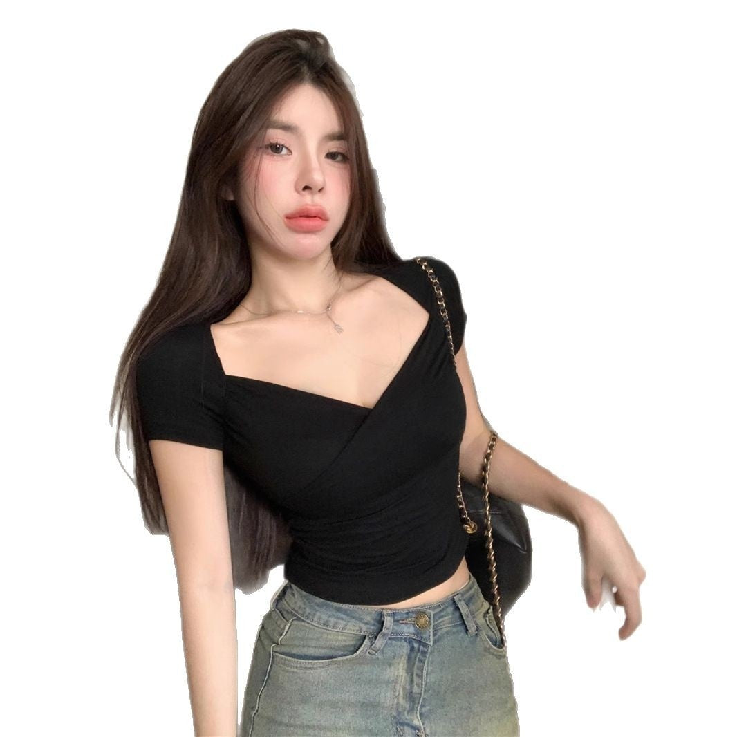 Fashion Pure Sexy Low V-neck Short Top For Women All-matching Slim Fit
