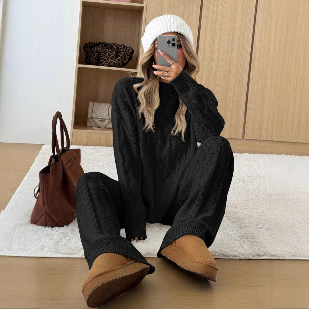 Womens Cable-Knit Knitwear Set With Wide-Leg Pants And A Relaxed Fit