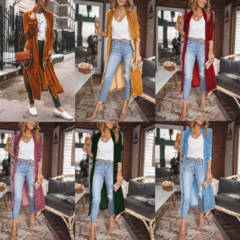 Women's Loose Gold Velvet Stretch Long Coat
