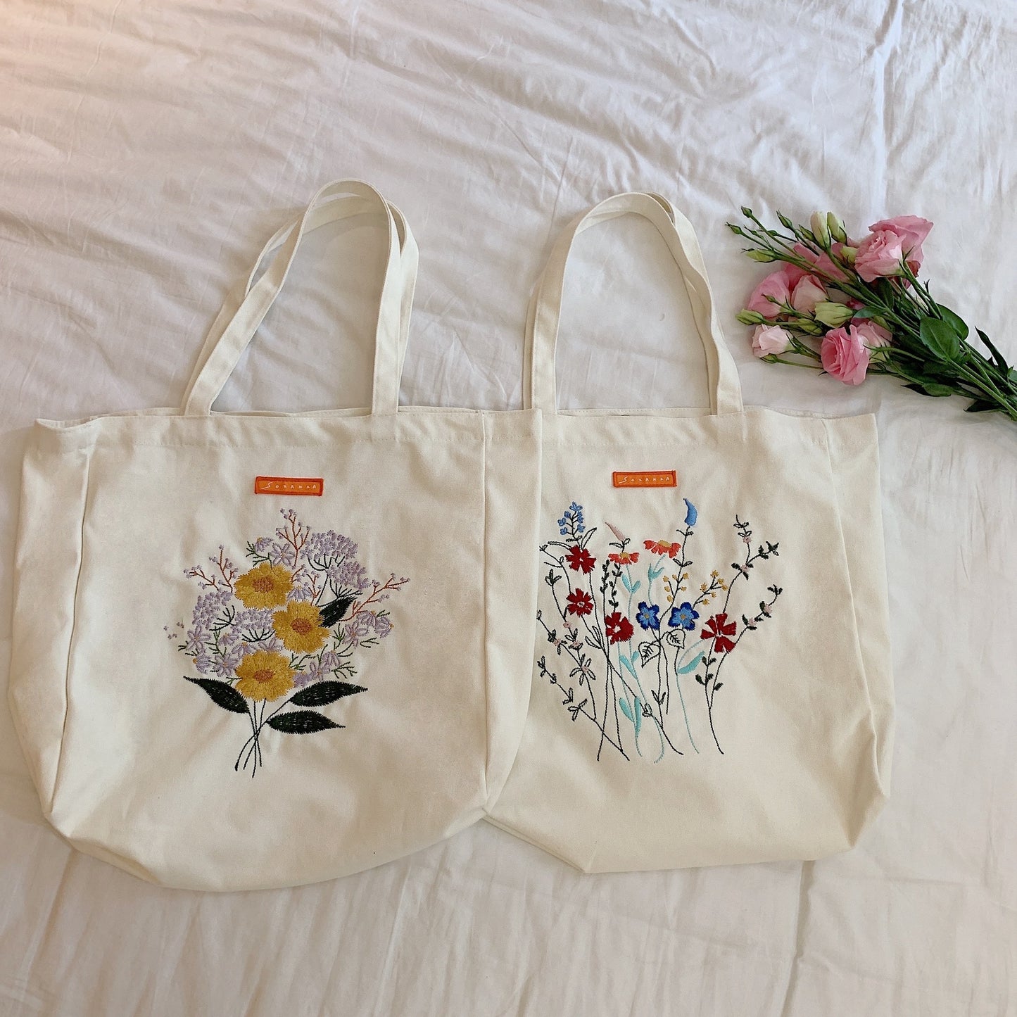 Korean Version Embroidered Flower Canvas Bag Ins Lazy Style Art College Students