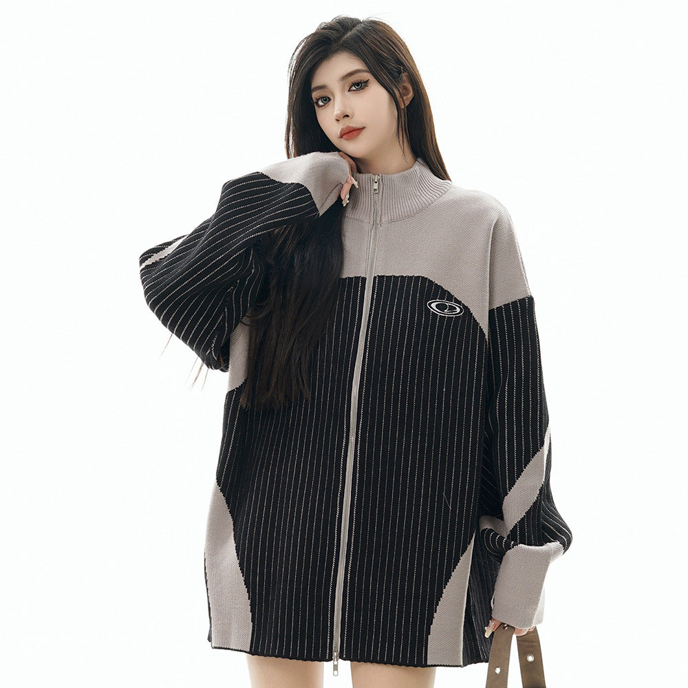 European And American Style Multi-colored Half-turtleneck Two-way Zipper Sweater Coat