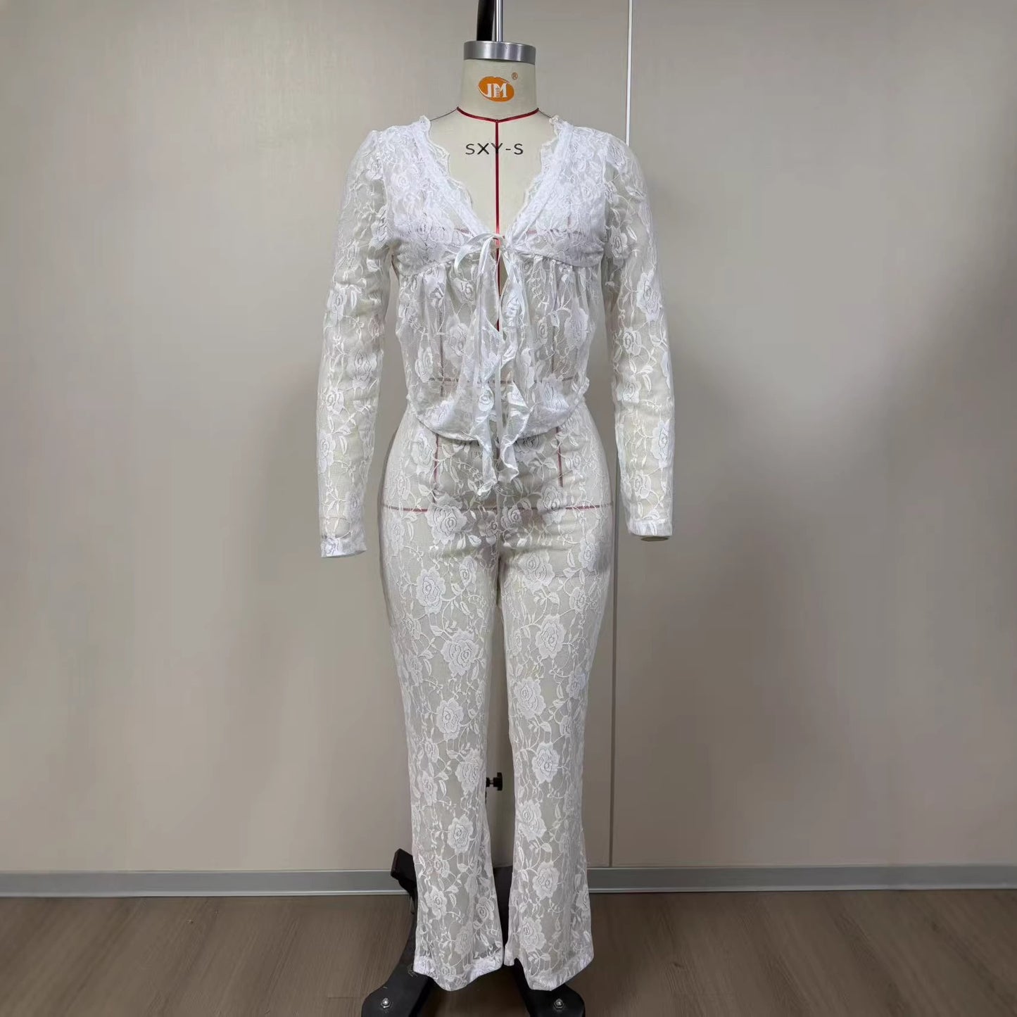 Lace Top With Long Sleeves And Lace Pants Two-piece Set