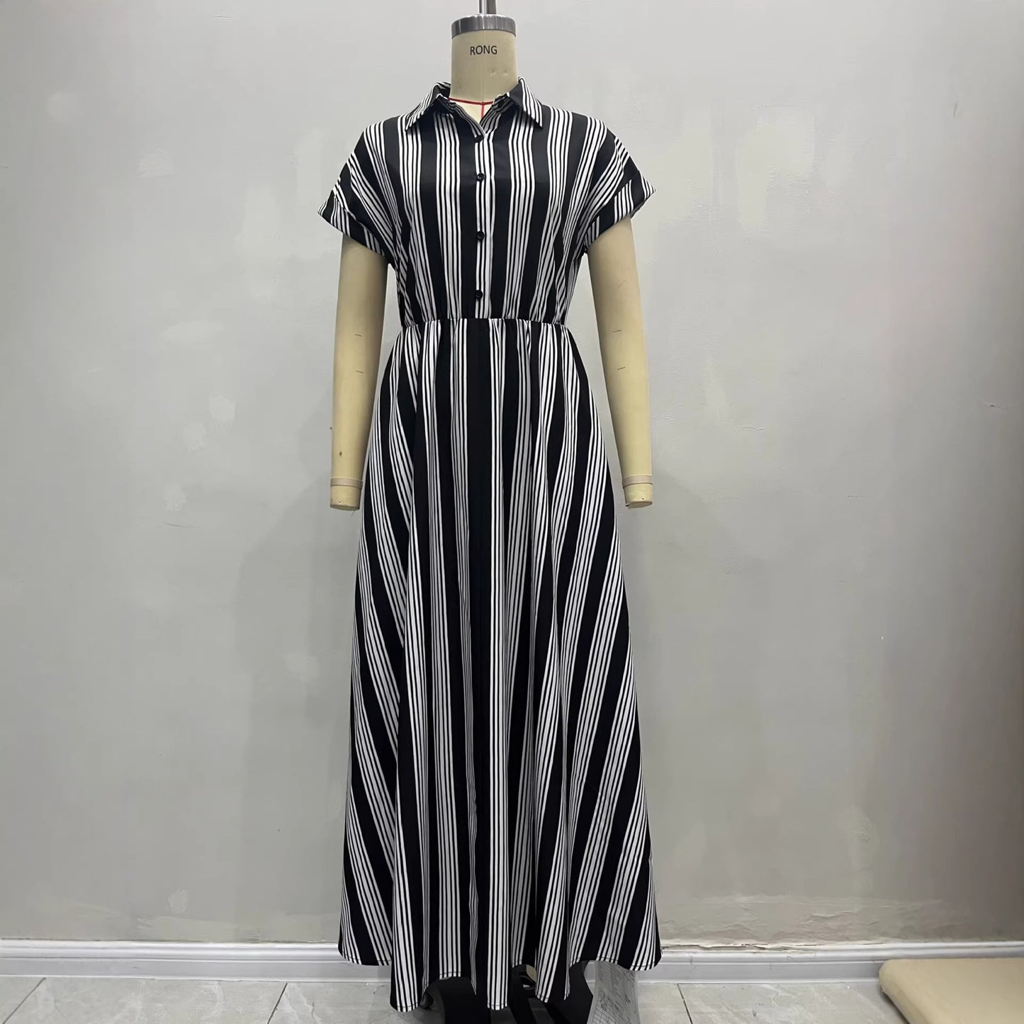 Elegant Womens Outfit Belted Short-sleeve Striped Shirt Dress