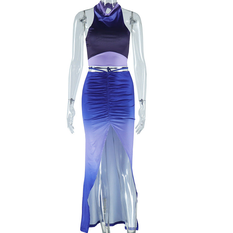 Fashionable Printed Sleeveless Backless Tank Top And Slit Skirt Set