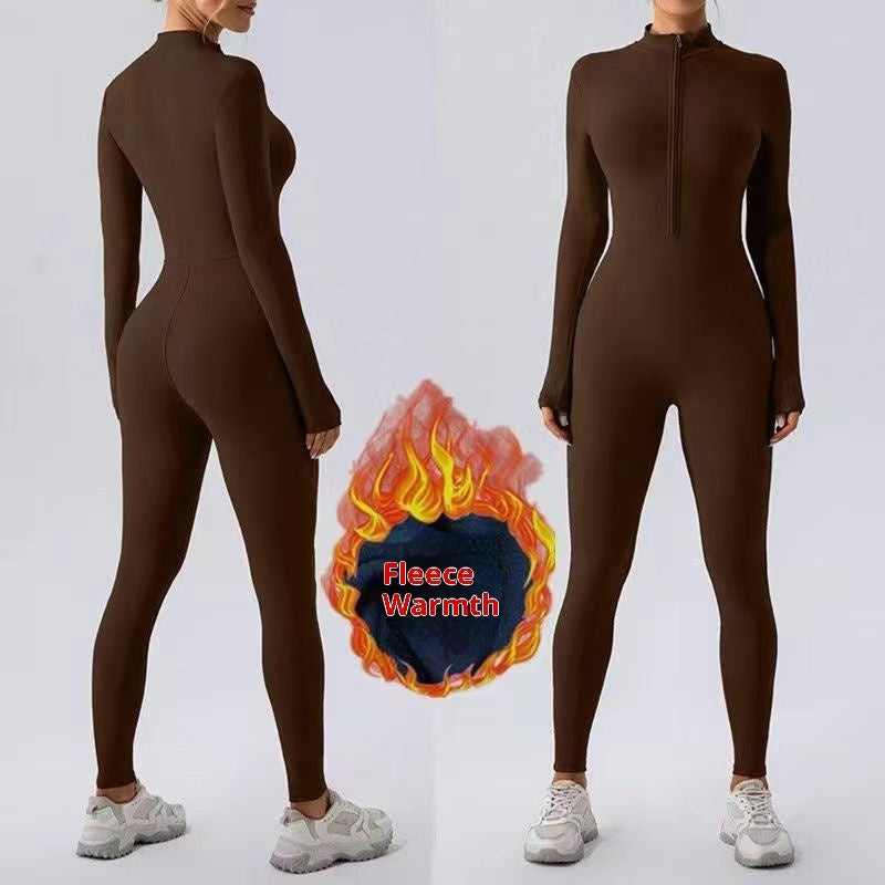 Zipper Nude Feel Close-fitting Fleece Yoga Jumpsuit