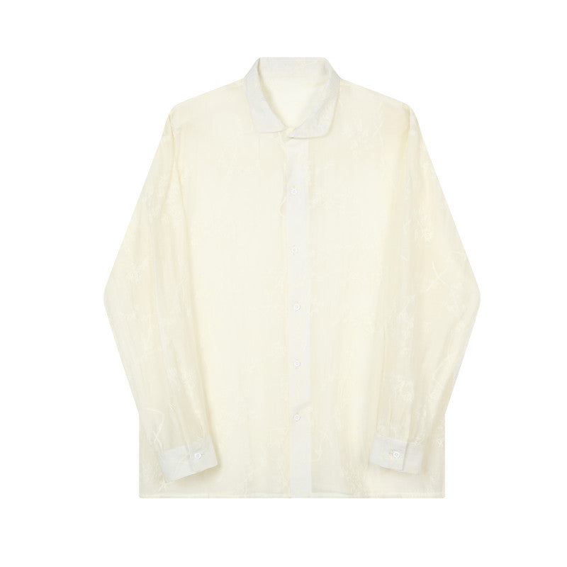 Arrival Slightly Sheer Three-Dimensional Floral Design Mandarin-Collar Long-Sleeve Shirt
