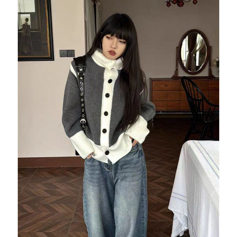 Design Sense Niche Contrast Color Thick Knit Cardigan Coat