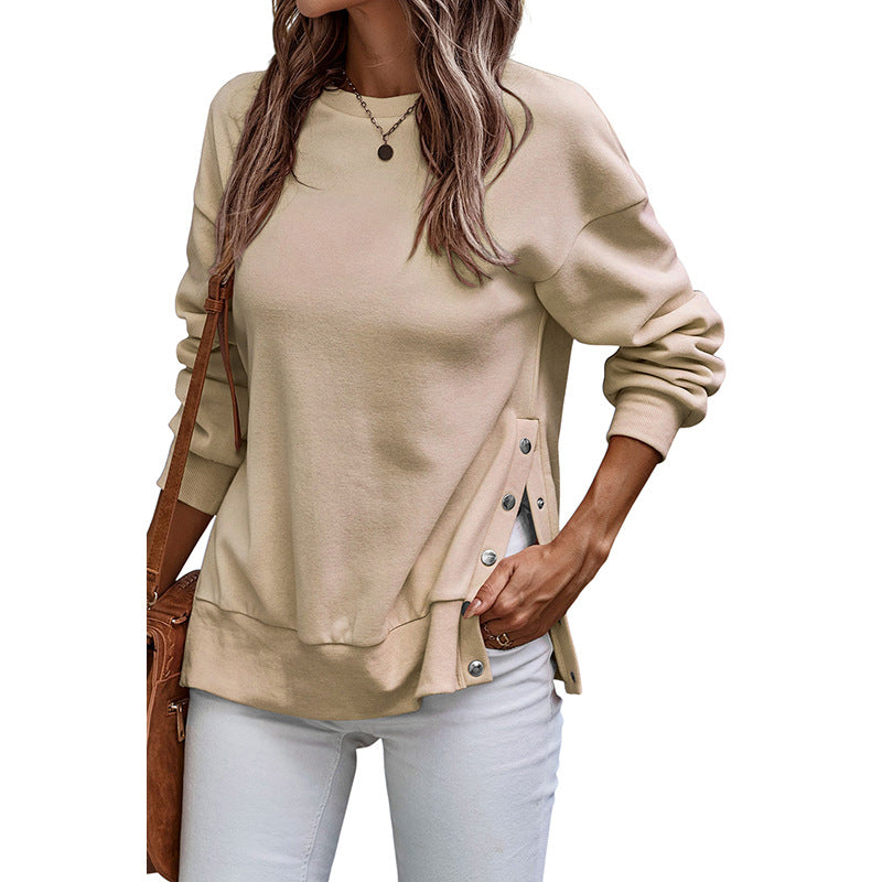 Solid Color Pullover Women's European And American Leisure Style Slit Loose Flab Hiding Long Sleeve Bathroom