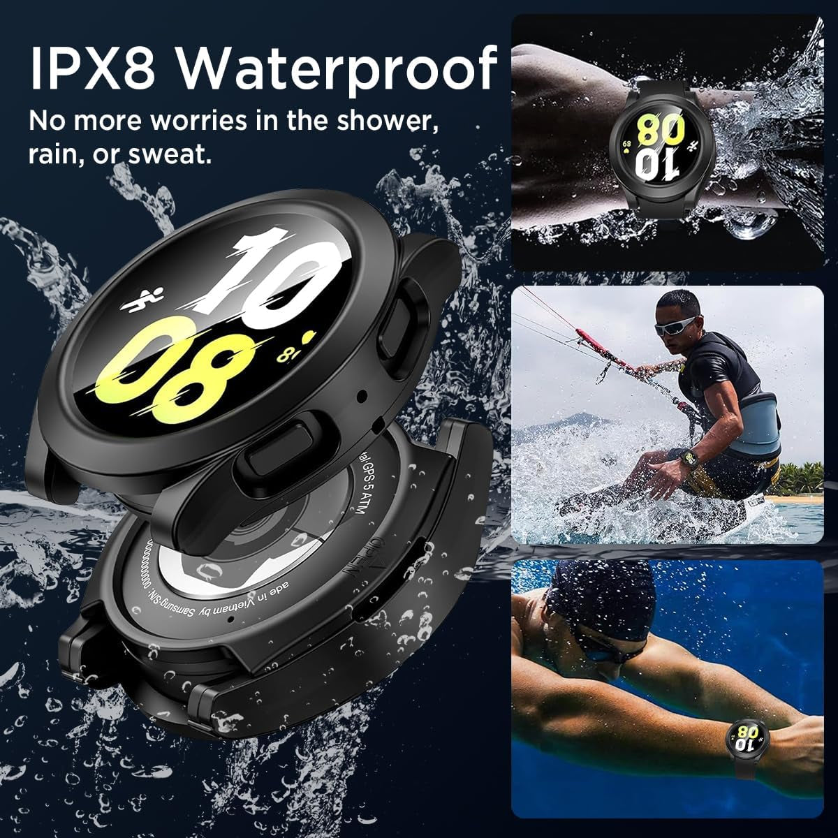 Galaxy Watch FE/5/4 40Mm Waterproof Screen Protector Case, Hard PC Face Cover with Anti-Fog Tempered Glass for Samsung Watch, Frosted Black