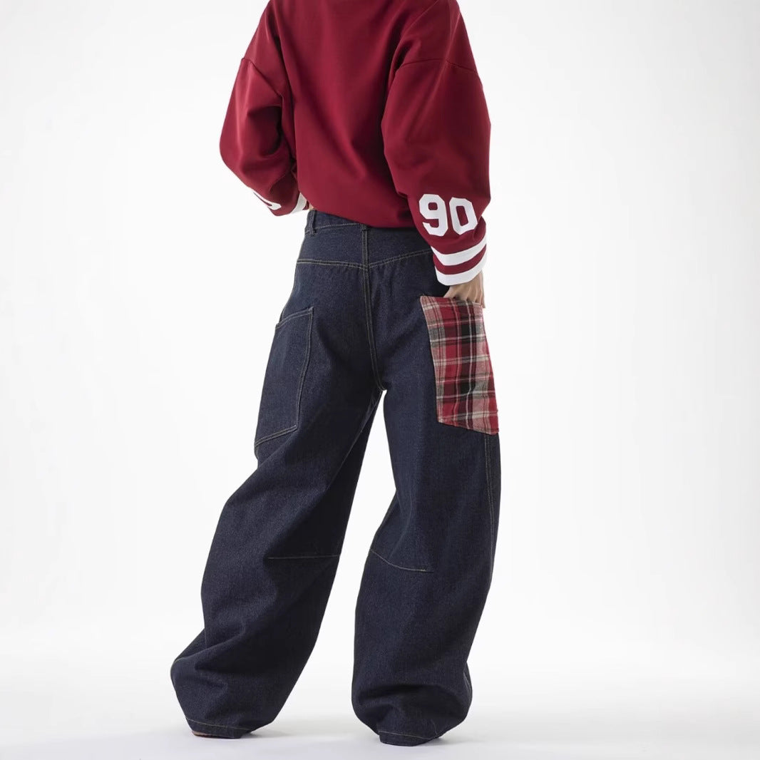 Straight jeans i amerikansk plaid-patchwork