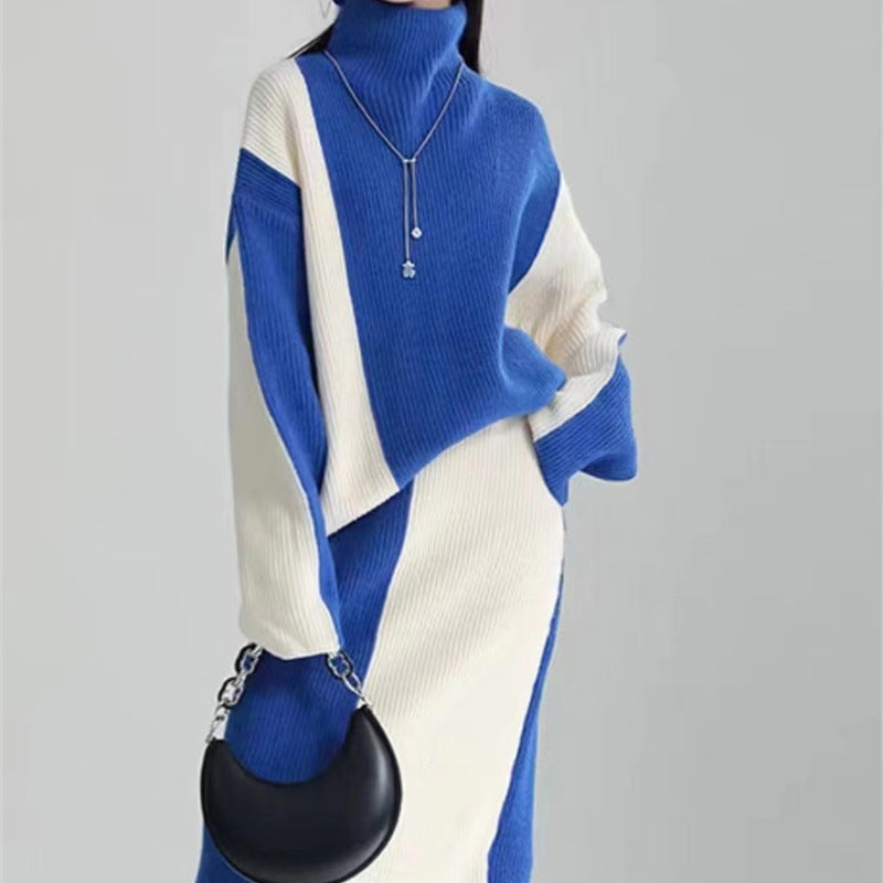Color-block Design Sweater Skirt Set For Women