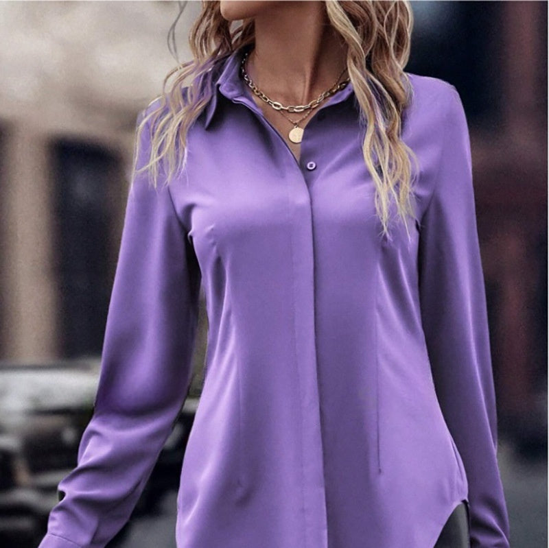 Dobbeltdørs Satin Revers Langærmet Top Pendlingsstil Slim-fit Dametøj